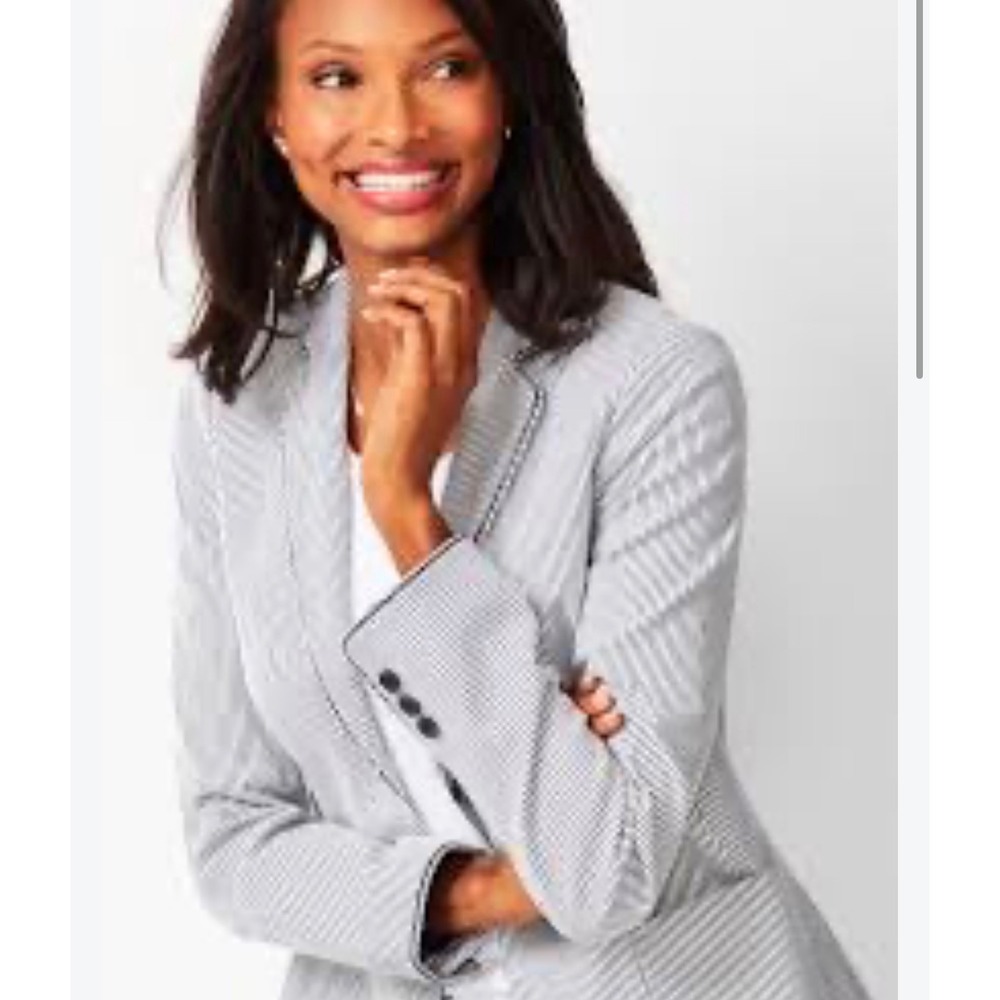 Talbots Womens Navy Blue White Seersucker Striped Blazer Jacket Size 10 Cotton